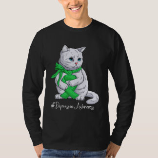 T-shirt Depression Awareness Month Green Ribbon Cat