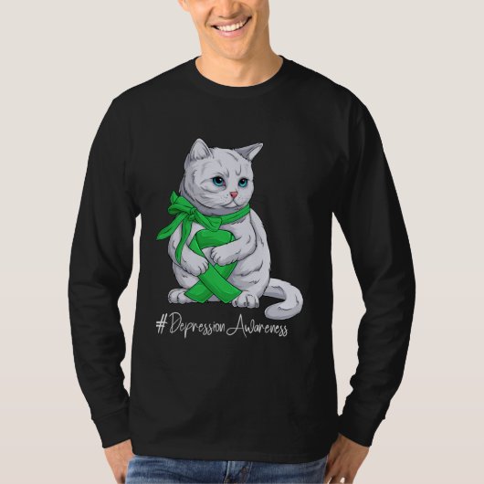 T-shirt Depression Awareness Month Green Ribbon Cat (Devant)