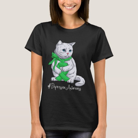 T-shirt Depression Awareness Month Green Ribbon Cat (Devant)