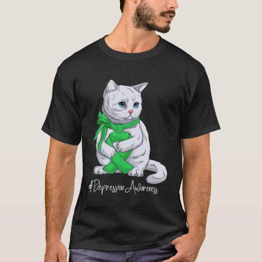 T-shirt Depression Awareness Month Green Ribbon Cat (Devant)