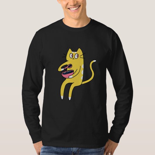 T-shirt Derpy Kitty Yellow and White Cat Eating Cereal (Devant)