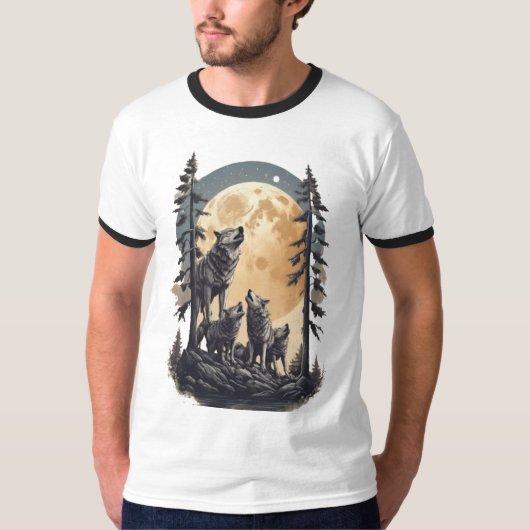 T-shirt Design de la famille de loups sur la Lune, (Devant)