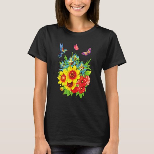 T-shirt Design de papillon à fleurs de colibri (Devant)