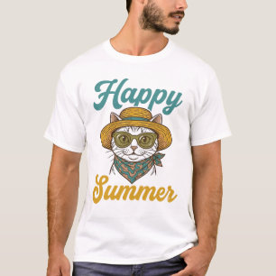 T-shirt design vintage gravure chat été heureux_1