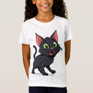 T-Shirt Dessin animé de chat noir heureux avec des yeux ve