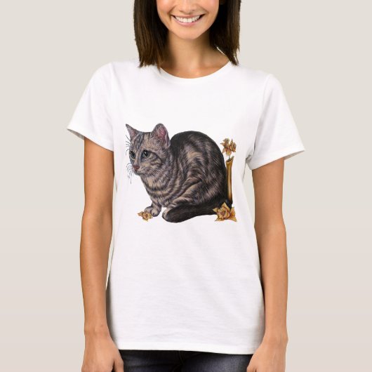 T-shirt Dessin de chat avec des jonquilles (Devant)