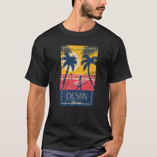 T-shirt Destin Florida Retro Surfer Beach Sunset Distresse (Devant)
