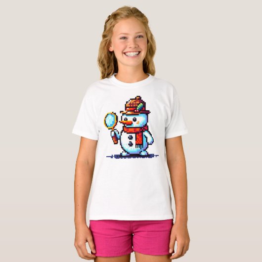 T-shirt Détective Snowman - Drôle Pixel Art Mystère d'hive (Devant entier)