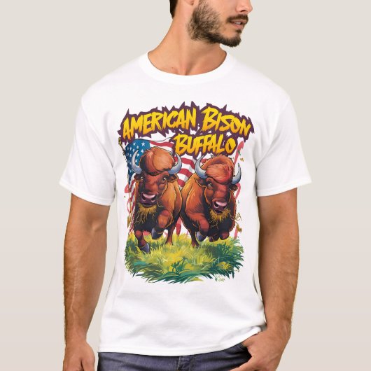 T-shirt Deux bisons debout avant le drapeau américain (Devant)