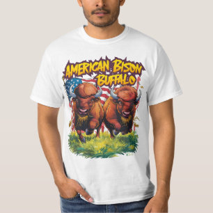 T-shirt Deux bisons debout avant le drapeau américain