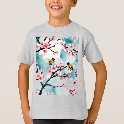 T-shirt Deux Branches Fréquentées D'Abeilles Et De Fleurs (Devant)