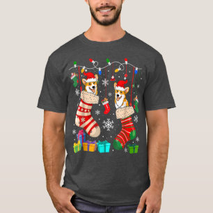 T-shirt Deux chiens Corgi Santa en chaussettes de Noël Ama