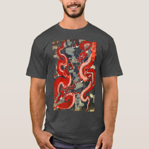 T-SHIRT DEUX DRAGONS BOIS JAPONAIS COUPÉ EN BLEU ROUGE BLA