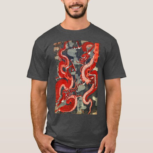 T-SHIRT DEUX DRAGONS BOIS JAPONAIS COUPÉ EN BLEU ROUGE BLA (Devant)