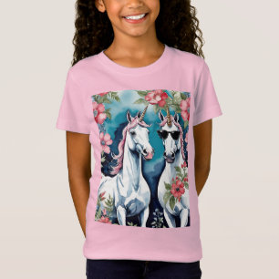 T-Shirt Deux licornes drôles avec des fleurs roses