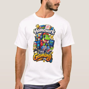 T-shirt Devoirs Puis Jeux Drôle Gamer Dinosaure Garçons