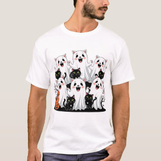 T-shirt d'Halloween éffrayant avec Fantômes, Chats