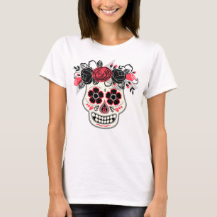 T-shirt Dia de los Muertos Crâne à sucre avec Roses noirs