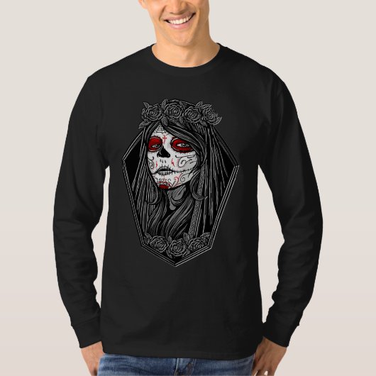 T-shirt Dia de los Muertos Halloween Roses Mexican Sugar S (Devant)