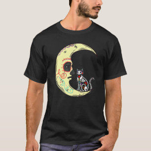 T-shirt Dia De Los Muertos Lune Sucre Chat Squelette Rayon