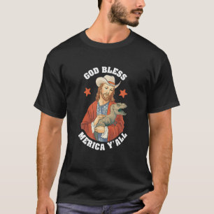 T-shirt Dieu Béni Merica Y tous Jésus Dinosaur Cowboy Casq
