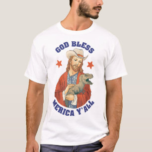 T-shirt Dieu Béni Merica Y'all Jesus Dinosaur Cowboy Casqu