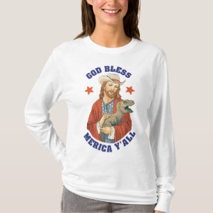 T-shirt Dieu Béni Merica Y'all Jesus Dinosaur Cowboy Casqu