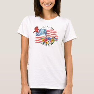 T-shirt Dieu bénisse l'Amérique Aquarelle Drapeau/Fleurs/O