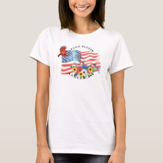 T-shirt Dieu bénisse l'Amérique Aquarelle Drapeau/Fleurs/O
