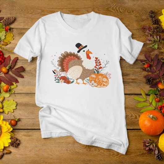 T-shirt Dinde de Thanksgiving avec citrouilles et feuilles