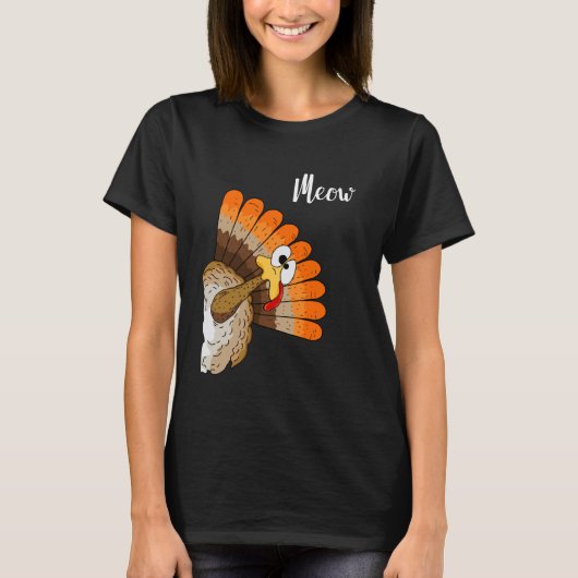T-shirt Dindon mignon Meow Cartoon humour de Thanksgiving (Devant)