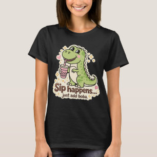 T-shirt Dino mignon buvant du bubble tea, thé aux perles