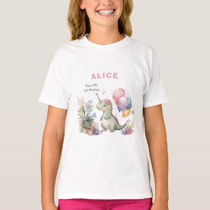 T-shirt Dino Party Watercolor Girl rose Anniversaire