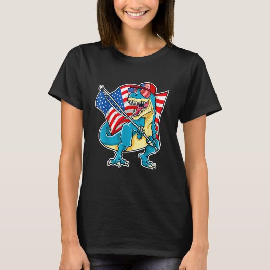 T-shirt Dinosaur 4th Of July Boys Rex American Flag USA (Devant)