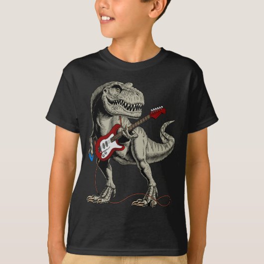 T-shirt Dinosaur Acoustic Electric B Guitar Player  (Devant)