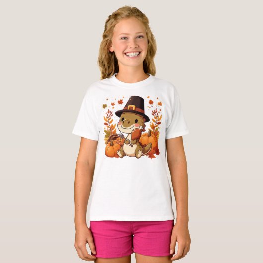 T-shirt Dinosaur de Thanksgiving mignon (Devant entier)