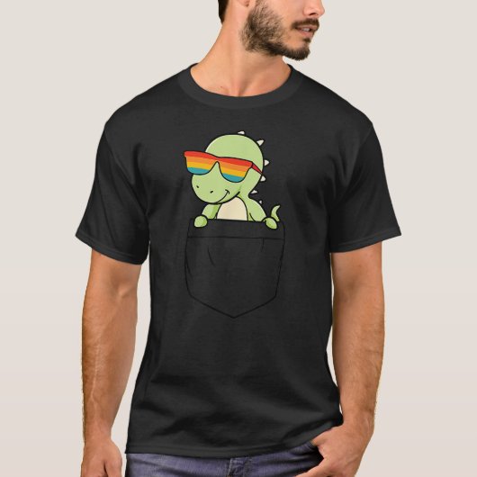 T-shirt Dinosaur In Pocket Funny Cute Dino Rainbow Sunglas (Devant)