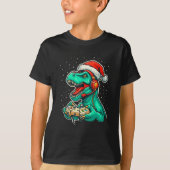 T-shirt Dinosaur T Rex Playing Video Game Santa Hat Christ (Devant)