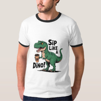 T-shirt dinosaure buvant du café