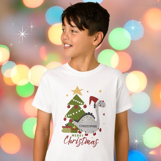 T-shirt Dinosaure mignon et sapin de Noël Nom de l'enfant