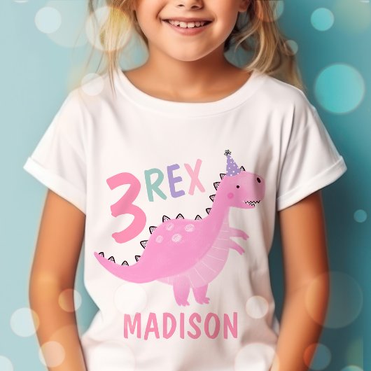 T-Shirt Dinosaure rose Trois Rex 3e fête d'anniversaire