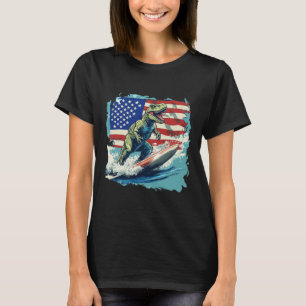 T-shirt Dinosaure Rouge Blanc Bleu Surfant Pour Juri Patri