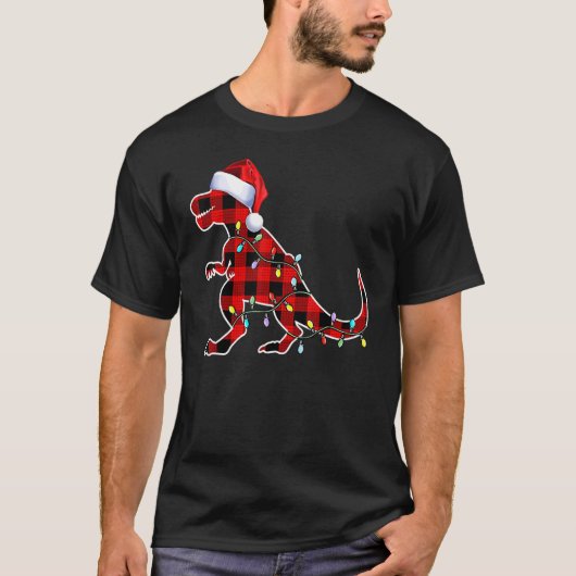T-shirt Dinosaure Rouge Rex lumières de Noël Arbre PJ (Devant)