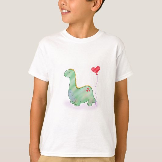 T-shirt Dinosaure vert mignon avec ballon de coeur | (Devant)