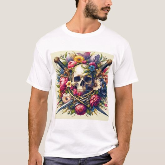 T-shirt Diseño de Calaveras, Flores y Espadas  (Devant)