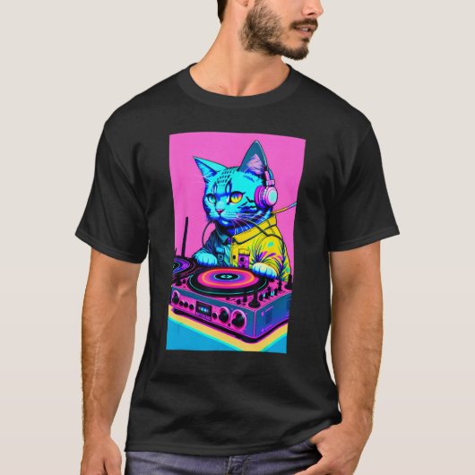 T-shirt DJ Cat Headphones Turntable DJ Mixer Dreamwave Sty (Devant)
