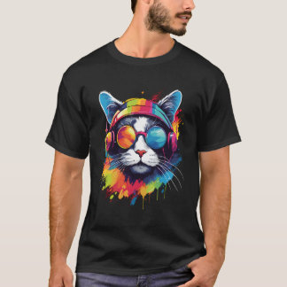 T-shirt Dj Cat Portant Des Casques Lunettes de soleil