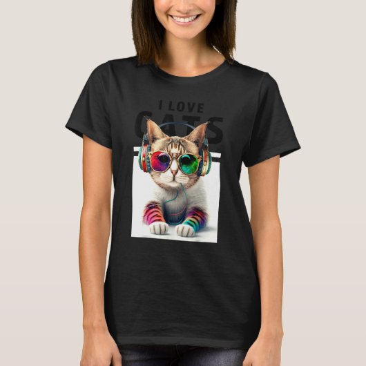 T-shirt DJ Chat avec lunettes de soleil style Cool Casque  (Devant)