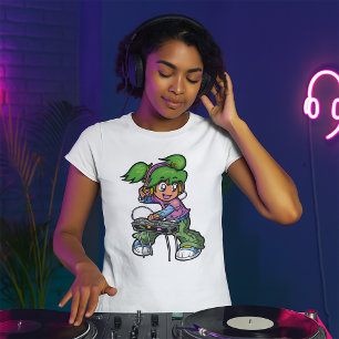 T-shirt DJ Girl avec cheveux verts et casques