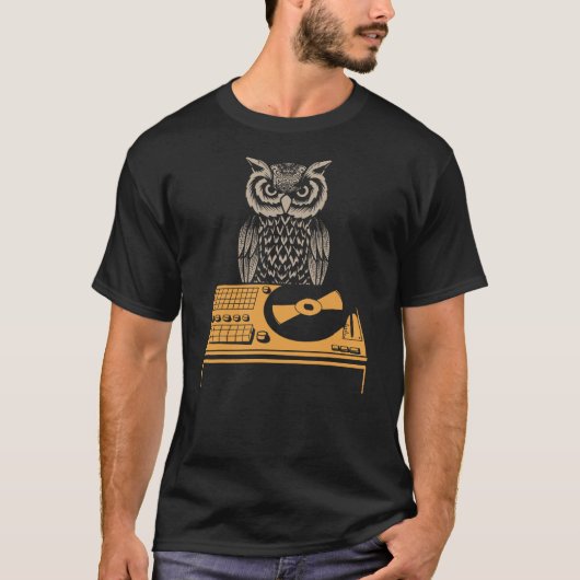 T-shirt DJ Owl Turntable Retro Vinyl (Devant)
